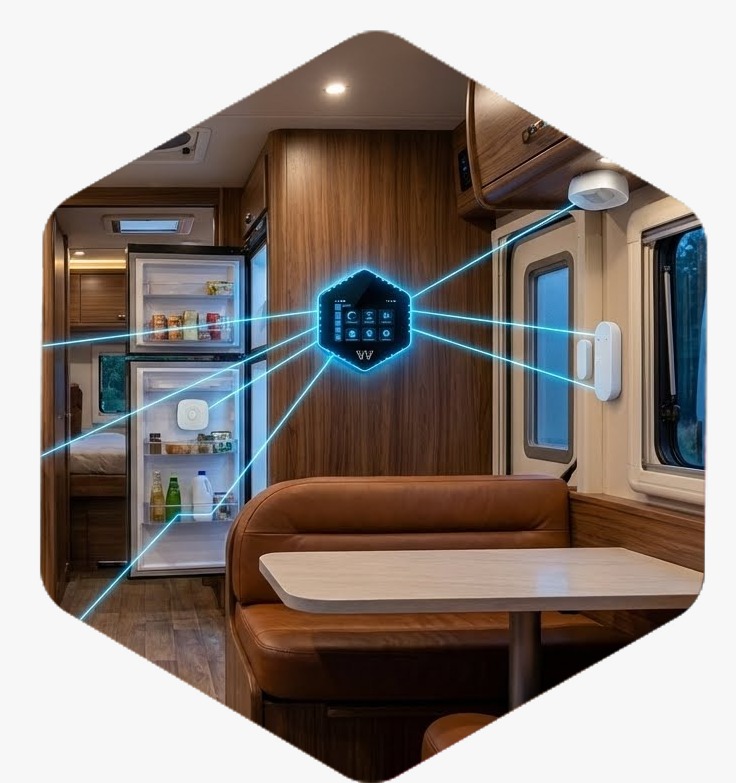 Using smartphone in RV with LTE and WiFi, showing mobile control for RV thermostat upgrade and RV thermostat replacement.