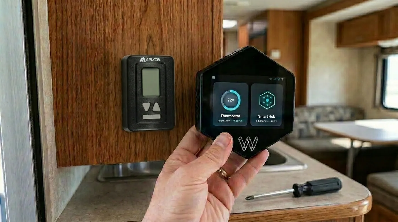 Hand holding WalTech thermostat next to old RV thermostat