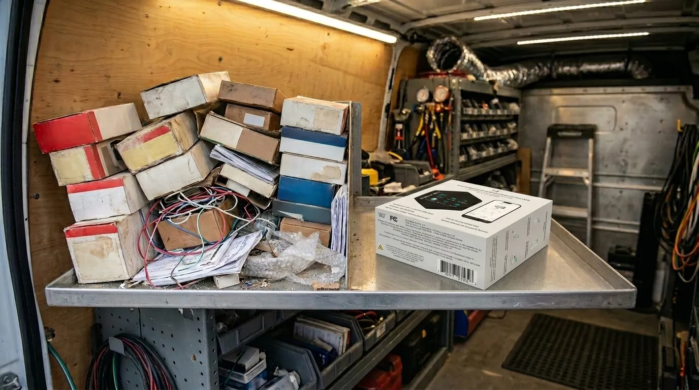 HVAC service van with old thermostat boxes vs one WalTech box