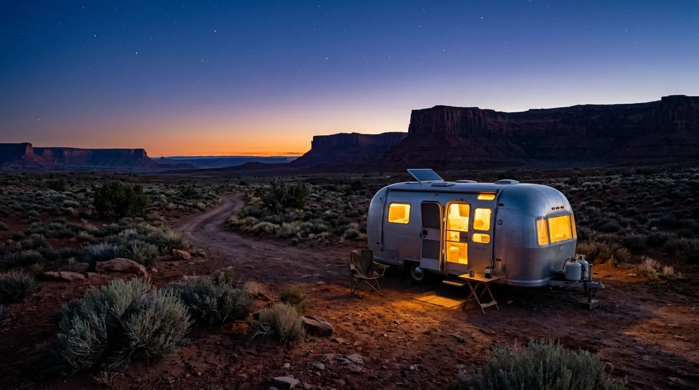 Airstream parked in Utah desert at dusk, 50 miles from WiFi, WalTech cellular stays connected