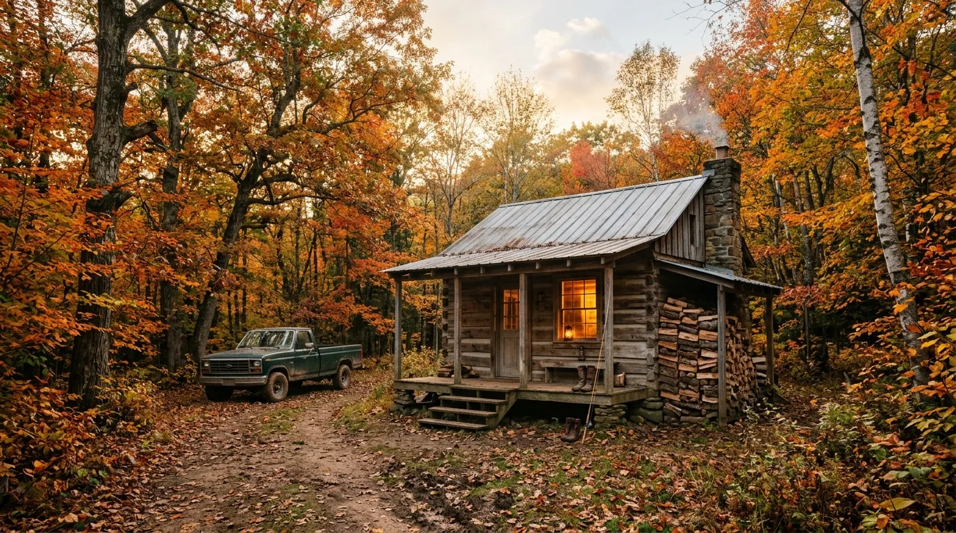 Remote cabin in autumn woods with no WiFi, WalTech stays connected via cellular