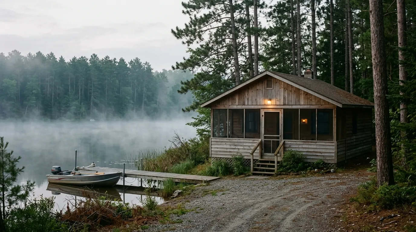 Quiet lake house at dawn with mist, remote vacation home monitored by WalTech