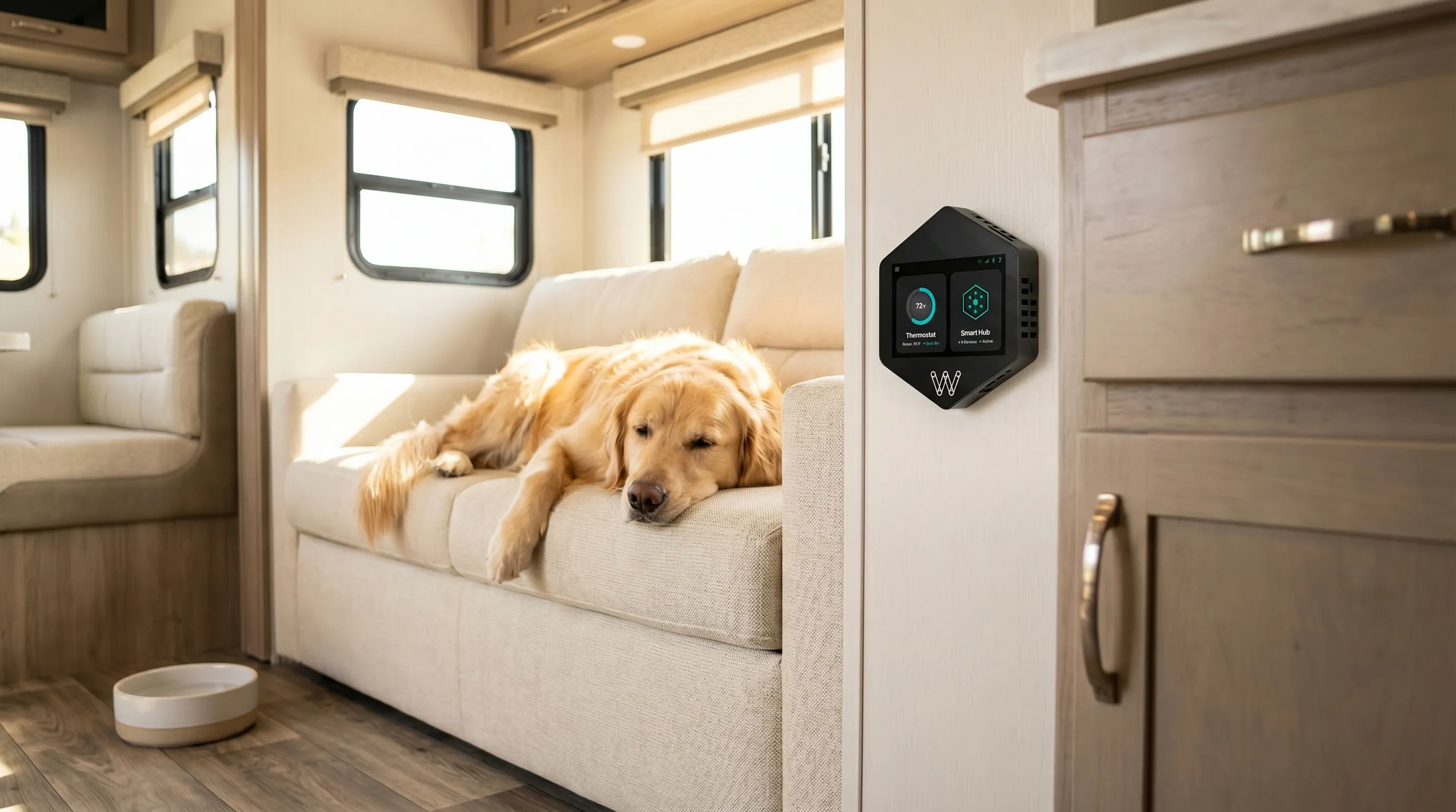 Golden retriever sleeping comfortably on RV couch with WalTech thermostat showing 72°F, pet is safe and cool