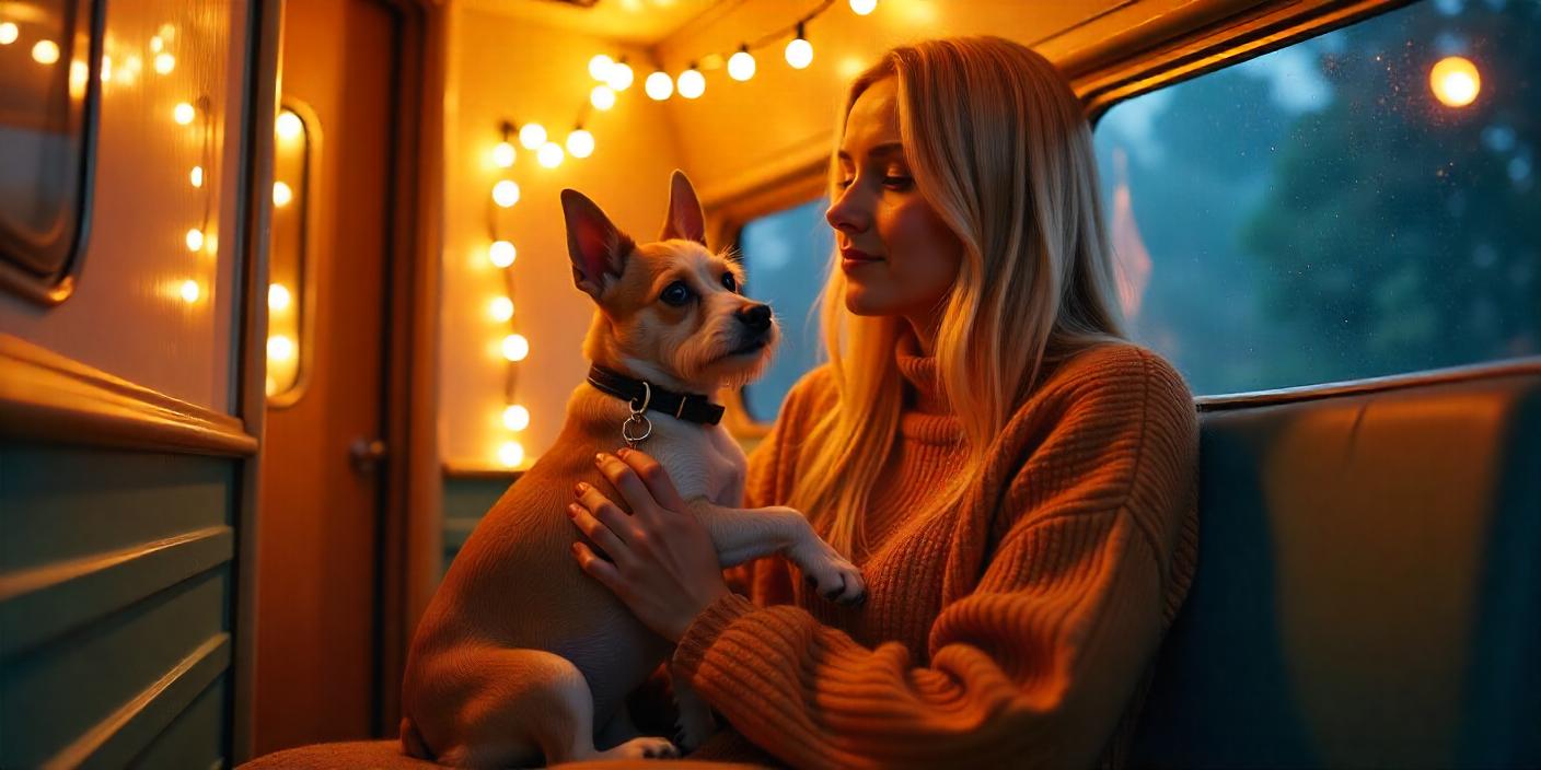 Woman in a cozy RV holding her small dog, surrounded by warm string lights during an evening road trip.