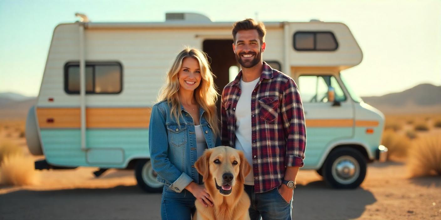 Smiling couple standing with their golden retriever in front of a vintage RV, ready for a road trip.