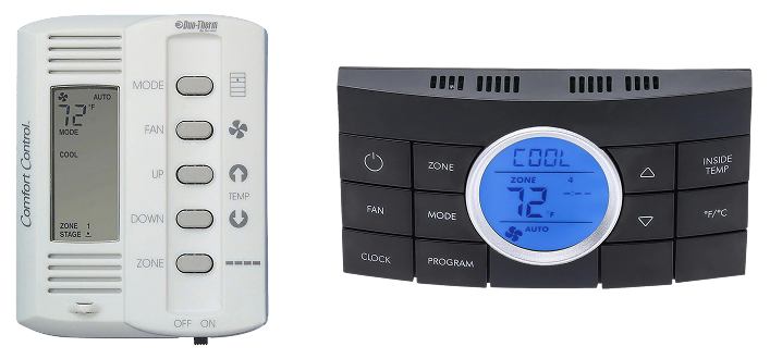 Dometic Comfort Control Center 5-button and 12-button multizone thermostat replacement using WalTech plug-and-play connector.