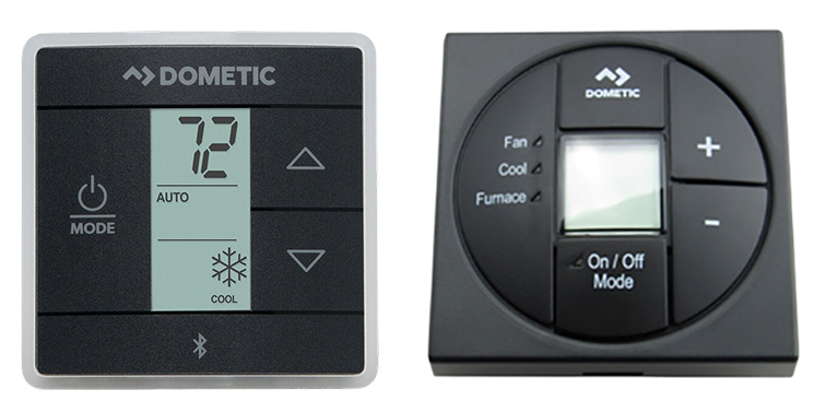 Step-by-step installation showing how to reconnect Dometic wires to the WalTech smart thermostat unit.