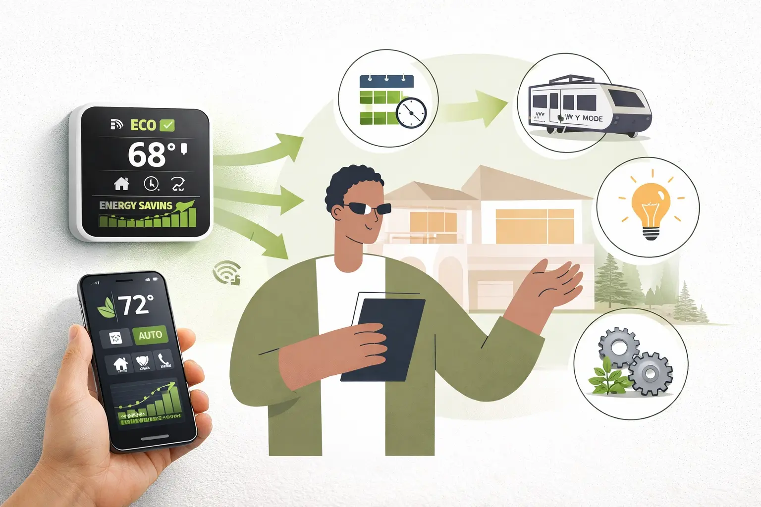 WalTech Vision 2.0 smart thermostat touchscreen showing energy efficiency features scheduling and remote control